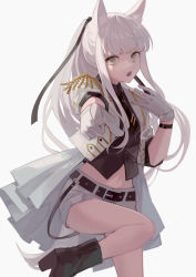 Rule 34 | 1girl, absurdres, animal ear fluff, animal ears, arknights, bare legs, belt, black belt, black footwear, black shirt, boots, coat, commentary request, epaulettes, gloves, grey background, grey eyes, high heel boots, high heels, highres, long hair, looking at viewer, miike (992058), navel, open clothes, open coat, open mouth, platinum (arknights), pointing, pointing at viewer, shirt, short shorts, shorts, simple background, solo, standing, standing on one leg, thighs, white coat, white gloves, white hair, white shorts
