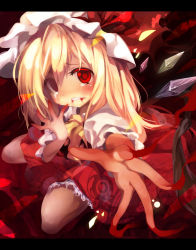 Rule 34 | 1girl, ascot, bad id, bad pixiv id, blonde hair, blood, blood on face, crystal, female focus, flandre scarlet, foreshortening, hair between eyes, hat, kneeling, letterboxed, mob cap, outstretched arm, outstretched hand, reaching, reaching towards viewer, red eyes, side ponytail, sitting, solo, tears, torino aqua, touhou, wings, yellow ascot