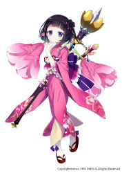 Rule 34 | 1girl, absurdres, bad id, bad pixiv id, black bow, black hair, bow, closed mouth, emia (castilla), flower, flower knight girl, frills, full body, hair ornament, highres, holding, holding staff, japanese clothes, kanhizakura (flower knight girl), kimono, looking at viewer, name connection, object namesake, official art, pink kimono, purple bow, purple eyes, sandals, short hair, simple background, smile, socks, solo, staff, standing, white background, yukata