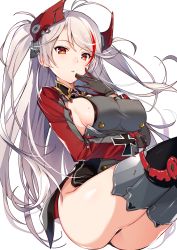Rule 34 | 1girl, antenna hair, ass, azur lane, bad id, bad pixiv id, black gloves, black thighhighs, blush, breasts, bright pupils, covered erect nipples, cross, dress, garter straps, gloves, grey dress, hand on own face, hand up, headgear, highres, invisible chair, iron cross, kat (bu-kunn), long hair, long sleeves, looking at viewer, medium breasts, mole, mole on breast, multicolored hair, orange eyes, parted lips, prinz eugen (azur lane), red hair, short dress, sideboob, silver hair, simple background, sitting, smile, solo, swept bangs, thighhighs, thighs, tsurime, two-tone hair, two side up, very long hair, white background