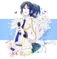 Rule 34 | 10s, 1boy, 2016, back-to-back, bad id, bad pixiv id, blue hair, blue necktie, bug, butterfly, collared shirt, cowboy shot, dated, dress shirt, flower, happy birthday, holding, holding flower, holding microphone, idolish7, insect, izumi iori, jacket, long sleeves, male focus, microphone, miharuko (kopera), necktie, open mouth, orchid, pale skin, pants, parted bangs, shirt, sleeves rolled up, white jacket, white pants, white shirt, wing collar