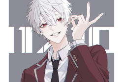 Rule 34 | 1boy, arm up, black necktie, collared shirt, commentary request, dress shirt, earrings, eyelashes, fang, fingernails, grey background, grin, hair between eyes, highres, jacket, jewelry, kuzuha (nijisanji), lapels, long fingernails, long sleeves, lony (minctikats), looking at viewer, male focus, mole, mole under eye, multicolored background, necktie, nijisanji, open clothes, open jacket, piercing, pointy ears, red eyes, red jacket, sharp fingernails, shirt, short hair, smile, solo, teeth, upper body, virtual youtuber, white background, white hair, white shirt, wing collar