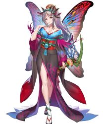 Rule 34 | 1girl, bare shoulders, bow (weapon), breasts, cleavage, facial mark, fairy wings, female focus, fire emblem, fire emblem heroes, forehead mark, full body, gradient hair, highres, holding, holding bow (weapon), holding weapon, japanese clothes, kimono, large breasts, long hair, multicolored hair, nintendo, obi, official art, plumeria (fire emblem), pointy ears, ponytail, red eyes, sandals, sash, solo, standing, tabi, teffish, transparent background, weapon, white legwear, wide sleeves, wings