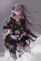 Rule 34 | 1girl, black gloves, black pantyhose, collared shirt, damaged, deep wound, floating hair, girls&#039; frontline, gloves, grey hair, gun, h&amp;k ump, hair between eyes, hair ornament, headgear, heckler &amp; koch, highres, holding, holding gun, holding weapon, hood, hood down, hooded jacket, injury, jacket, long hair, looking at viewer, mechanical arms, mod3 (girls&#039; frontline), one-eyed, one side up, open clothes, open jacket, pantyhose, parted lips, qb 516, scar, scar across eye, scar on face, shirt, sidelocks, single mechanical arm, skirt, solo, submachine gun, thigh strap, torn clothes, torn pantyhose, ump45 (girls&#039; frontline), ump45 (mod3) (girls&#039; frontline), untucked shirt, weapon, white shirt, yellow eyes