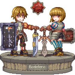 Rule 34 | 1boy, 1girl, faux figurine, from behind, gloves, holding, holding shield, looking at viewer, looking back, pixel art, puff and slash sleeves, puffy sleeves, rodelero (tree of savior), shield, short hair, striped, sword, thighhighs, toshi6786, tree of savior, weapon, white background