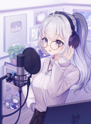 Rule 34 | 1girl, ahoge, belt, breasts, glasses, grey hair, headphones, highres, indoors, ine (vtuber), jewelry, long hair, long sleeves, looking ahead, medium breasts, microphone, necklace, open mouth, ponytail, pop filter, prana (prana12), purple eyes, recording, ribbed sweater, solo, sweater, sweater tucked in, turtleneck, turtleneck sweater, virtual youtuber, waktaverse, white hair, white sweater, youtube creator award