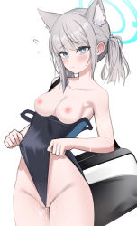 Rule 34 | 1girl, absurdres, animal ear fluff, animal ears, bag, blue archive, blush, breasts, competition swimsuit, grey hair, halo, highres, holding, holding bag, medium breasts, nipples, one-piece swimsuit, otakummm, ponytail, pussy juice, shiroko (blue archive), shiroko (swimsuit) (blue archive), simple background, solo, swimsuit, white background