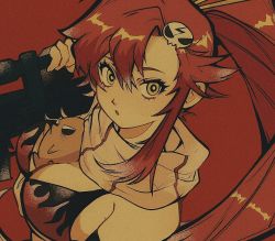 Rule 34 | 1girl, :o, between breasts, bikini, black gloves, boota (ttgl), breasts, bright pupils, cleavage, commentary, elbow gloves, female focus, fingerless gloves, flame print, gloves, gun, hair between eyes, hair ornament, hair stick, highres, holding, holding gun, holding weapon, long hair, looking at viewer, medium breasts, over shoulder, parted bangs, pikurusu, ponytail, red background, red hair, scarf, sidelocks, skull hair ornament, solo, striped clothes, striped scarf, swimsuit, symbol-only commentary, tengen toppa gurren lagann, upper body, weapon, weapon over shoulder, yellow eyes, yoko littner