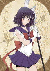 Rule 34 | 1girl, bishoujo senshi sailor moon, black hair, bow, brooch, brown background, choker, circlet, closed mouth, cowboy shot, gloves, heart, heart brooch, holding, holding polearm, holding spear, holding weapon, jewelry, looking at viewer, magical girl, pleated skirt, polearm, purple eyes, purple neckwear, purple sailor collar, purple skirt, red bow, sailor collar, sailor saturn, sailor senshi uniform, short hair, silence glaive, skirt, smile, solo, spear, standing, star (symbol), star choker, super sailor saturn, tomoe hotaru, weapon, white gloves, xiuren
