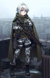 Rule 34 | 1girl, absurdres, ahoge, apartment, black footwear, blue eyes, blue sky, boots, building, camouflage, camouflage jacket, camouflage pants, cityscape, cloak, cloud, cloudy sky, commentary request, cross-laced footwear, ferris wheel, gloves, green cloak, green gloves, grey sky, gun, gun request, h&amp;k usp, hair between eyes, hair intakes, handgun, highres, holding, holding gun, holding weapon, holster, horizon, jacket, lace-up boots, looking at viewer, ndtwofives, overcast, pants, patch, pistol, radiation symbol, scope, silver hair, sky, solo, stalker (game), standing, thigh holster, trigger discipline, twitter username, weapon