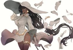 Rule 34 | 1girl, absurdres, black hair, breasts, buttons, choker, cowboy shot, dark-skinned female, dark skin, dloating hair, dress, earrings, floating hair, glasses, gloves, gold, grey eyes, groin, hair ribbon, high heels, highres, jewelry, large breasts, long hair, low-tied long hair, luggage, narue, open collar, original, ribbon, rolling suitcase, shoes, sidelocks, solo, suitcase, thigh strap, thighhighs, thighlet, thighs, white background, white dress, white footwear, white gloves, white headwear, white ribbon, wind, yellow-framed eyewear