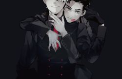 Rule 34 | 10s, 2boys, black background, black gloves, black hair, black shirt, black vest, blazer, buttons, collared shirt, double-breasted, dress shirt, en (enxxx), formal, gloves, hand on another&#039;s chest, hand on another&#039;s neck, hand under clothes, hand up, head on another&#039;s shoulder, head out of frame, hug, hug from behind, jacket, katsuki yuuri, lipstick mark, long sleeves, looking at viewer, male focus, monochrome, multiple boys, necktie, parted lips, red necktie, shirt, simple background, spot color, upper body, vest, viktor nikiforov, white hair, yaoi, yuri!!! on ice