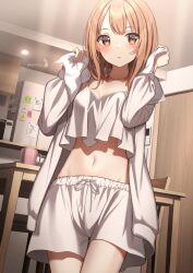 Rule 34 | 1girl, :o, artist name, blonde hair, blush, breasts, brown eyes, camisole, cleavage, collarbone, crop top, crop top overhang, hands up, huyunora, indoors, jacket, long sleeves, looking at viewer, medium breasts, midriff, navel, open clothes, open jacket, open mouth, original, parted lips, shirt, short hair, short shorts, shorts, signature, solo, standing, stomach, thighs, towel, white jacket, white shirt, white shorts
