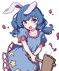 Rule 34 | 1girl, absurdres, ambiguous red liquid, animal ears, blue dress, blue hair, crescent, crescent print, dress, earclip, floppy ears, frilled dress, frills, highres, kame (kamepan44231), kine, mallet, one-hour drawing challenge, rabbit ears, red eyes, seiran (touhou), star (symbol), star print, touhou