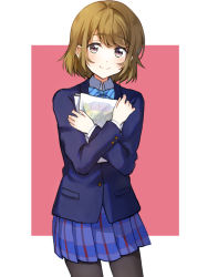 Rule 34 | 1girl, black pantyhose, blue bow, blue bowtie, blue jacket, blue skirt, blush, border, bow, bowtie, brown eyes, brown hair, closed mouth, cowboy shot, diagonal stripes, highres, jacket, koizumi hanayo, long sleeves, looking at viewer, love live!, love live! school idol project, miniskirt, naarann, outside border, pantyhose, pink background, pleated skirt, short hair, skirt, smile, solo, standing, striped bow, striped bowtie, striped clothes, striped neckwear, white border, wing collar