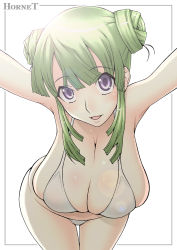 Rule 34 | 1girl, bikini, blush, breasts, curvy, double bun, green hair, hair bun, hanging breasts, highres, hornet (artist), huge breasts, legs, long hair, looking at viewer, open mouth, original, purple eyes, simple background, smile, solo, swimsuit, thighs, white background