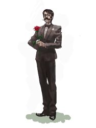 Rule 34 | 1boy, black bow, black bowtie, black footwear, black hair, black suit, bow, bowtie, facial hair, flower, formal, full body, holding, holding flower, kanno ponta, long sleeves, looking at viewer, male focus, mustache, one-punch man, pocket square, shoes, simple background, solo, spring mustachio, standing, suit, white background
