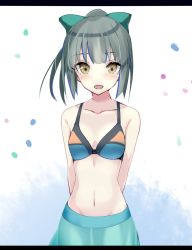 Rule 34 | 10s, 1girl, alternate costume, arm behind back, bare shoulders, bikini, bikini top only, blush, bow, breasts, brown eyes, collarbone, green hair, green ribbon, green skirt, groin, hair bow, hair ribbon, heavens thunder (byakuya-part2), kantai collection, letterboxed, looking at viewer, navel, open mouth, ponytail, ribbon, sarong, skirt, small breasts, smile, solo, swimsuit, yuubari (kancolle)