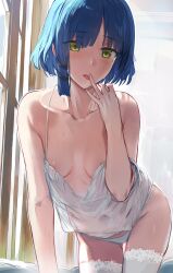 Rule 34 | 1girl, all fours, areola slip, asymmetrical sidelocks, bare arms, bare shoulders, bed sheet, blue hair, blush, bocchi the rock!, breasts, breasts apart, camisole, collarbone, covered navel, hair ornament, hairclip, hews, highres, licking, licking finger, looking at viewer, mole, mole under eye, nipple slip, nipples, panties, parted bangs, see-through, see-through camisole, short hair, simple background, small breasts, solo, spaghetti strap, sweat, thighhighs, tongue, tongue out, underwear, white camisole, white panties, white thighhighs, window, yamada ryo, yellow eyes