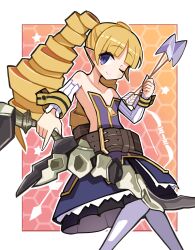 Rule 34 | 1girl, archer (disgaea), arrow (projectile), bare shoulders, blonde hair, blue eyes, bow (weapon), detached sleeves, disgaea, dress, drill hair, flat chest, highres, holding, holding bow (weapon), holding weapon, long hair, looking at viewer, makai senki disgaea, one eye closed, pantyhose, smile, solo, suaman, twin drills, weapon