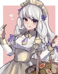 Rule 34 | 1girl, :p, apron, blush, braid, fire emblem, fire emblem: three houses, fire emblem heroes, frills, highres, leon0630claude, licking, licking lips, long hair, long sleeves, looking at viewer, lysithea von ordelia, maid, maid apron, maid headdress, nintendo, official alternate costume, official alternate hairstyle, picnic, picnic basket, side braids, smile, solo, tongue, tongue out, twin braids, waist apron, white hair