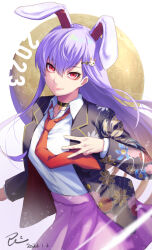 Rule 34 | 1girl, 2023, animal ears, black choker, black jacket, blazer, breasts, chinese zodiac, choker, collared shirt, commentary request, cowboy shot, floral print, full moon, hair between eyes, hair ornament, hairclip, hand up, highres, jacket, leaning forward, long hair, looking at viewer, medium breasts, moon, necktie, new year, open clothes, open jacket, pink skirt, purple hair, rabbit ears, rabbit girl, rabbit hair ornament, re (re 09), red eyes, red necktie, reisen udongein inaba, shirt, skirt, smile, solo, touhou, very long hair, w, white shirt, year of the rabbit