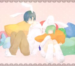 Rule 34 | animal ears, animal slippers, blue hair, rabbit ears, bunny slippers, carrot, couple, closed eyes, green hair, gumi, kaito (vocaloid), leg warmers, pillow, sleeping, slippers, sweater, vocaloid