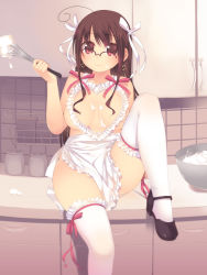 Rule 34 | 1girl, ahoge, apron, arima senne, bowl, breasts, brown hair, cream, earrings, glasses, jewelry, kashiwamochi yomogi, large breasts, lingerie, long hair, mary janes, mole, mole on breast, naked apron, nipples, original, red eyes, shoes, sitting, smile, solo, thighhighs, underwear, whisk, white thighhighs