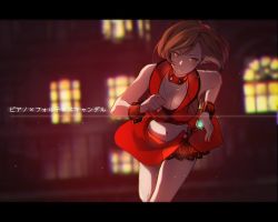 Rule 34 | 1girl, bare shoulders, blurry, blurry background, brown hair, collar, commentary, cowboy shot, crop top, jewelry, letterboxed, meiko (vocaloid), meiko (vocaloid3), midriff, miniskirt, necklace, night, red eyes, red shirt, red skirt, running, shirt, short hair, skirt, solo, song name, vocaloid, window, wristband, yen-mi