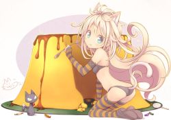 Rule 34 | 1girl, :t, animal ears, bikini, black bikini, blonde hair, blue eyes, brown footwear, candy, cat, cat ears, cat tail, commentary request, elbow gloves, fingerless gloves, food, food on face, gloves, halloween, holding, holding spoon, kneeling, kuro (kuroneko no kanzume), lollipop, long hair, looking at viewer, looking back, original, plate, pudding, shoes, signature, solo, spoon, striped clothes, striped gloves, striped thighhighs, swimsuit, tail, thighhighs, very long hair