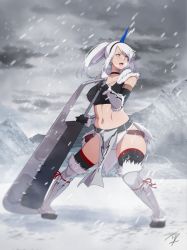 Rule 34 | 1girl, black gloves, black thighhighs, breasts, covered erect nipples, fur trim, gloves, hayabusa (vert 320), highres, holding, holding sword, holding weapon, horns, huge weapon, kirin (armor), large breasts, long hair, midriff, mole, mole under eye, monster hunter, monster hunter: world, monster hunter (series), mountain, navel, outdoors, ponytail, single horn, snow, solo, sword, thighhighs, weapon, white hair, white thighhighs