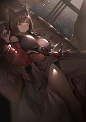Rule 34 | 1girl, amagi (azur lane), animal ear fluff, animal ears, azur lane, bare legs, barefoot, black kimono, black panties, blunt bangs, blush, breasts, breasts apart, brown hair, closed eyes, closed mouth, curtains, dutch angle, fox ears, gdat, highres, indoors, japanese clothes, kimono, knee up, large breasts, long hair, long sleeves, lying, night, obi, on back, open clothes, open kimono, panties, sash, short kimono, sleeping, solo, straight hair, underwear, very long hair, wide sleeves, window