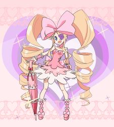 Rule 34 | 10s, 1girl, bad id, bad pixiv id, big hair, blonde hair, blue eyes, boots, bow, closed umbrella, dress, drill hair, earrings, eyepatch, hair bow, harime nui, jewelry, k52, kill la kill, larcle, long hair, pink bow, pink dress, pink footwear, pink skirt, planted, planted umbrella, ribbon, skirt, smile, solo, strapless, strapless dress, twin drills, twintails, umbrella, wrist cuffs