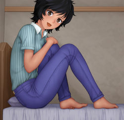 Rule 34 | 1girl, aoi honou, barefoot, bed, black hair, brown eyes, denim, feet, hand on own knee, hands on feet, highres, jeans, looking at viewer, on bed, open mouth, pants, pillow, seamed legwear, shirt, short hair, sitting, smile, solo, striped clothes, striped shirt, toumi (sr), wall