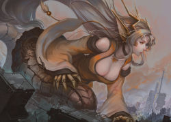 Rule 34 | 1girl, animal hands, bare shoulders, body jewelry, breasts, choker, city, claws, cleavage, commentary, commission, cyborg, destruction, dragon, dragon girl, eastern dragon, english commentary, epic, fins, gem, giant, giantess, head fins, highres, horns, japanese clothes, jewelry, kaijuu, large breasts, lips, long hair, magatama, mecha musume, mechanical hands, mechanical tail, mechanization, monster girl, monster girl encyclopedia, nose, ryuu (monster girl encyclopedia), silver hair, softmode, solo, tail, very long hair, yellow eyes