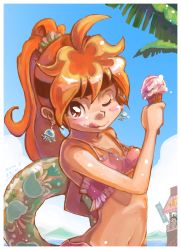 Rule 34 | 10s, 2014, 2girls, ;q, ahoge, akimi (pctakx2014), amelia wil tesla seyruun, artist name, bikini, blue sky, blush, brown eyes, dated, day, earrings, food, food on face, frilled swimsuit, frills, headband, high ponytail, highres, holding, holding food, ice cream, ice cream cone, innertube, jellyfish, jewelry, licking, lina inverse, long hair, looking at viewer, multiple girls, navel, one eye closed, orange hair, palm tree, pink bikini, ponytail, scrunchie, sky, slayers, solo focus, swim ring, swimsuit, tongue, tongue out, tree