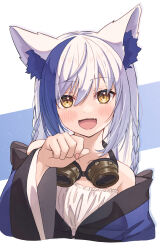 Rule 34 | 1girl, :d, absurdres, animal ears, anku, aomiya yozuri, blue hair, cat ears, cat girl, dress, fang, goggles, goggles around neck, highres, long sleeves, looking at viewer, multicolored hair, off shoulder, open mouth, paw pose, smile, strapless, strapless dress, two-tone hair, vee (vtuber), virtual youtuber, white dress, white hair, wide sleeves