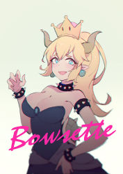 Rule 34 | 1girl, aqua eyes, bare shoulders, blonde hair, blurry, blush, borrowed character, bowsette, bracelet, breasts, brooch, character name, claw pose, cleavage, collar, cowboy shot, dress, earrings, fangs, gradient background, hand on own hip, horns, jewelry, large breasts, long hair, looking down, mario (series), new super mario bros. u deluxe, nintendo, pointy ears, ponytail, short eyebrows, sidelocks, smile, solo, spiked bracelet, spiked collar, spikes, strapless, strapless dress, super crown, vienri