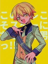 Rule 34 | 1boy, black shirt, blonde hair, blush, bright pupils, buttons, coat, collared shirt, fingernails, gradient hair, hair behind ear, hair between eyes, hand on own chest, hand on own hip, highres, long sleeves, looking at viewer, menma (enaic31), multicolored hair, necktie, open clothes, open coat, open mouth, orange hair, orange vest, pants, project sekai, retro artstyle, shirt, short hair, smile, solo, striped clothes, striped vest, tenma tsukasa, v-shaped eyebrows, vertical-striped clothes, vertical-striped vest, vest, white coat, white necktie, white pants, white pupils, yellow background, yellow eyes