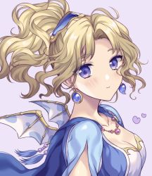 Rule 34 | 1girl, amano yoshitaka design, blonde hair, blue cape, blue eyes, blush, breasts, cape, cleavage, earrings, final fantasy, final fantasy vi, hair ornament, heart, highres, jewelry, long hair, looking at viewer, lyric (hina9111), medium breasts, mini wings, official alternate costume, parted bangs, purple background, smile, solo, square enix, tina branford, upper body, wavy hair, wings