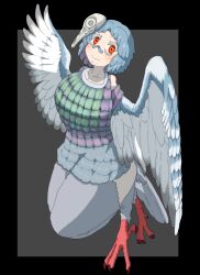 Rule 34 | 1girl, arutarufu, bare shoulders, bird legs, bird tail, blue hair, blush, digitigrade, feathered wings, feathers, harpy, highres, looking at viewer, mask, mask on head, monster girl, original, red eyes, short hair, simple background, smile, solo, tail, talons, two-tone wings, winged arms, wings