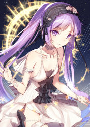 Rule 34 | 1girl, arm at side, bare shoulders, bison cangshu, blue background, breasts, collarbone, dress, euryale (fate), euryale (third ascension) (fate), fate/grand order, fate/hollow ataraxia, fate (series), hair between eyes, hairband, headdress, lolita hairband, long hair, parted lips, purple eyes, purple hair, short dress, sketch, small breasts, solo, star (symbol), starry background, thighs, twintails, very long hair, white dress