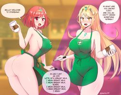 Rule 34 | 2girls, absurdres, alternate costume, apron, ass, blonde hair, blush, breasts, chest jewel, cleavage, dialogue box, embarrassed, english text, green apron, highres, iced latte with breast milk (meme), jarckius, large breasts, long hair, meme, multiple girls, mythra (xenoblade), naked apron, no bra, no panties, pyra (xenoblade), red eyes, red hair, starbucks, surprised, thick thighs, thighs, wide hips, xenoblade chronicles (series), xenoblade chronicles 2, yellow eyes