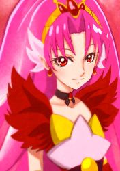Rule 34 | 1girl, akagi towa, amawa kazuhiro, choker, commentary request, cure scarlet, earrings, go! princess precure, gradient background, highres, jewelry, pink hair, pointy ears, precure, quad tails, solo