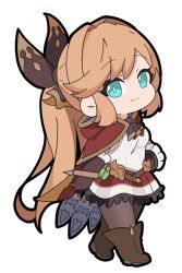 Rule 34 | 1girl, blue eyes, boots, breasts, brown footwear, brown gloves, brown hair, brown pantyhose, brown ribbon, cape, chibi, clarisse (granblue fantasy), closed mouth, commission, frilled gloves, frills, full body, gloves, granblue fantasy, hair intakes, hair ribbon, hand on own hip, long hair, looking at viewer, nyaru (nyaru 4126), pantyhose, ponytail, red cape, ribbon, shirt, simple background, skeb commission, skirt, sleeveless, sleeveless shirt, small breasts, smile, solo, standing, very long hair, white background, white shirt, white skirt