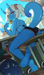 Rule 34 | 1girl, ass, barefoot, bikini, black bikini, blue horns, blue skin, borrowed character, breasts, brown eyes, colored skin, day, drinking straw, eating, eyeliner, feet, food, from below, glass, highres, horns, kotoba (1074421015), large breasts, looking back, makeup, original, short twintails, sitting, soy sauce, squid, stool, swimsuit, tail, takoyaki, trembling, twintails, white hair