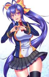 Rule 34 | 1girl, :d, antenna hair, black thighhighs, blazblue, blazblue remix heart, blue hair, blush, bow, breasts, genderswap, genderswap (mtf), gluteal fold, hair between eyes, hair bow, heart, heart hands, impossible clothes, large breasts, long hair, mai natsume, open mouth, ponytail, ribbon, school uniform, shiboru, sidelocks, smile, solo, thighhighs, very long hair, yellow bow, zettai ryouiki