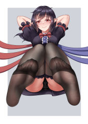 Rule 34 | 1girl, absurdres, arms behind head, arms up, ass, asymmetrical wings, black dress, black hair, black panties, black thighhighs, blush, bow, bowtie, breasts, dress, feet, foot focus, foreshortening, frilled thighhighs, frills, from below, full body, highres, houjuu nue, knees together feet apart, knees up, legs, long hair, looking at viewer, medium breasts, no shoes, oirin, panties, puffy short sleeves, puffy sleeves, red bow, red bowtie, red eyes, short sleeves, smile, solo, thighhighs, thighs, touhou, underwear, upskirt, wings