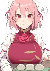 Rule 34 | 1girl, :&gt;, ?, amisu, bandaged arm, bandages, blush, breast rest, breasts, bun cover, carnation, closed mouth, double bun, flower, food, gold trim, hair between eyes, hair bun, highres, ibaraki kasen, large breasts, looking at viewer, mochi, pink eyes, pink hair, puffy short sleeves, puffy sleeves, red flower, short sleeves, solo, spoken question mark, tabard, touhou, upper body