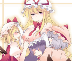 Rule 34 | 3girls, bad id, bad pixiv id, bare shoulders, bat wings, blonde hair, blush, bow, breasts, choker, clothes pull, dress, dress pull, elbow gloves, fang, female focus, flandre scarlet, gloves, hair bow, hammer (sunset beach), hat, hat ribbon, large breasts, light purple hair, long hair, multiple girls, nipples, open mouth, pulling another&#039;s clothes, purple eyes, remilia scarlet, ribbon, short hair, side ponytail, smile, touhou, white gloves, wings, yakumo yukari, yuri
